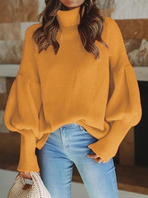 Solid Color Lantern Sleeve Turtleneck Sweater