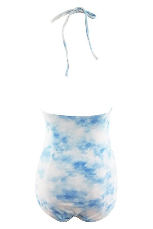 Light Blue Tie Dye Halter High Neck Strappy Cutout Sexy One Piece Swimsuit