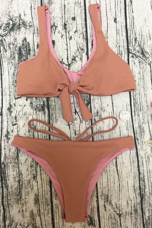 Pink Scoop Neck Front Tie Strappy High Cut Sexy Bikini Swimsuit