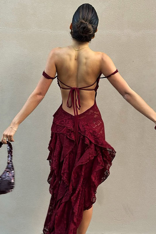 Lace Off Shoulder Ruffled Tier High-Low Hem Maxi Dress 4