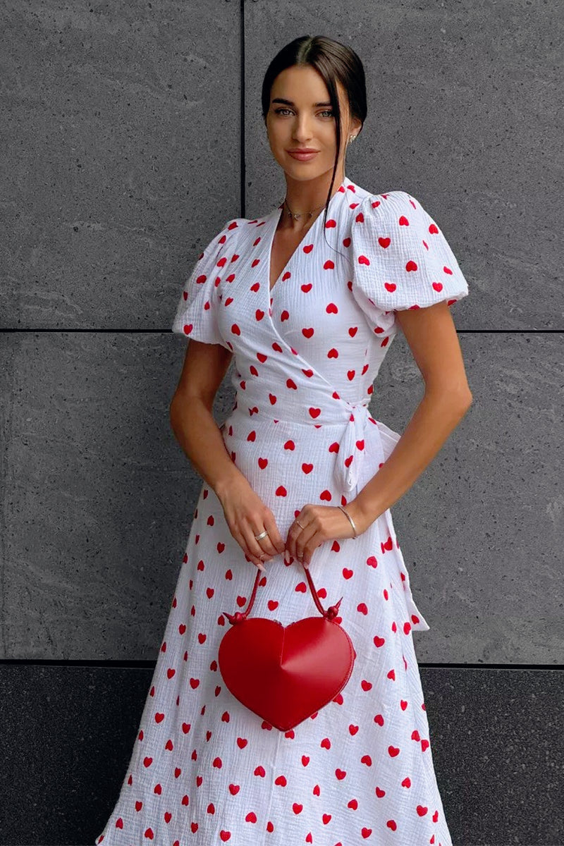 Puff Sleeve Heart Print Wrap Tie Waist Thigh Slit Midi Dress 2