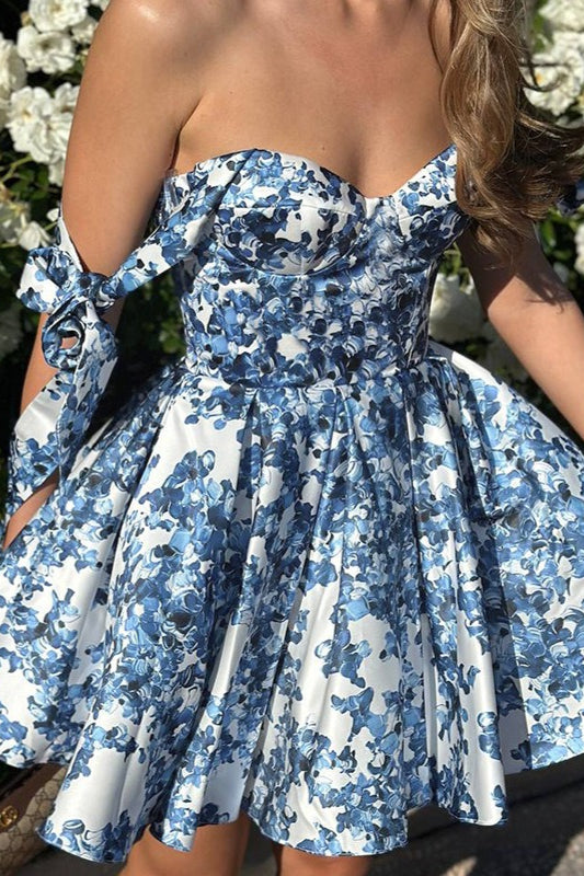 Floral Print Sweetheart Tie Strap Corset Fit and Flare Mini Dress