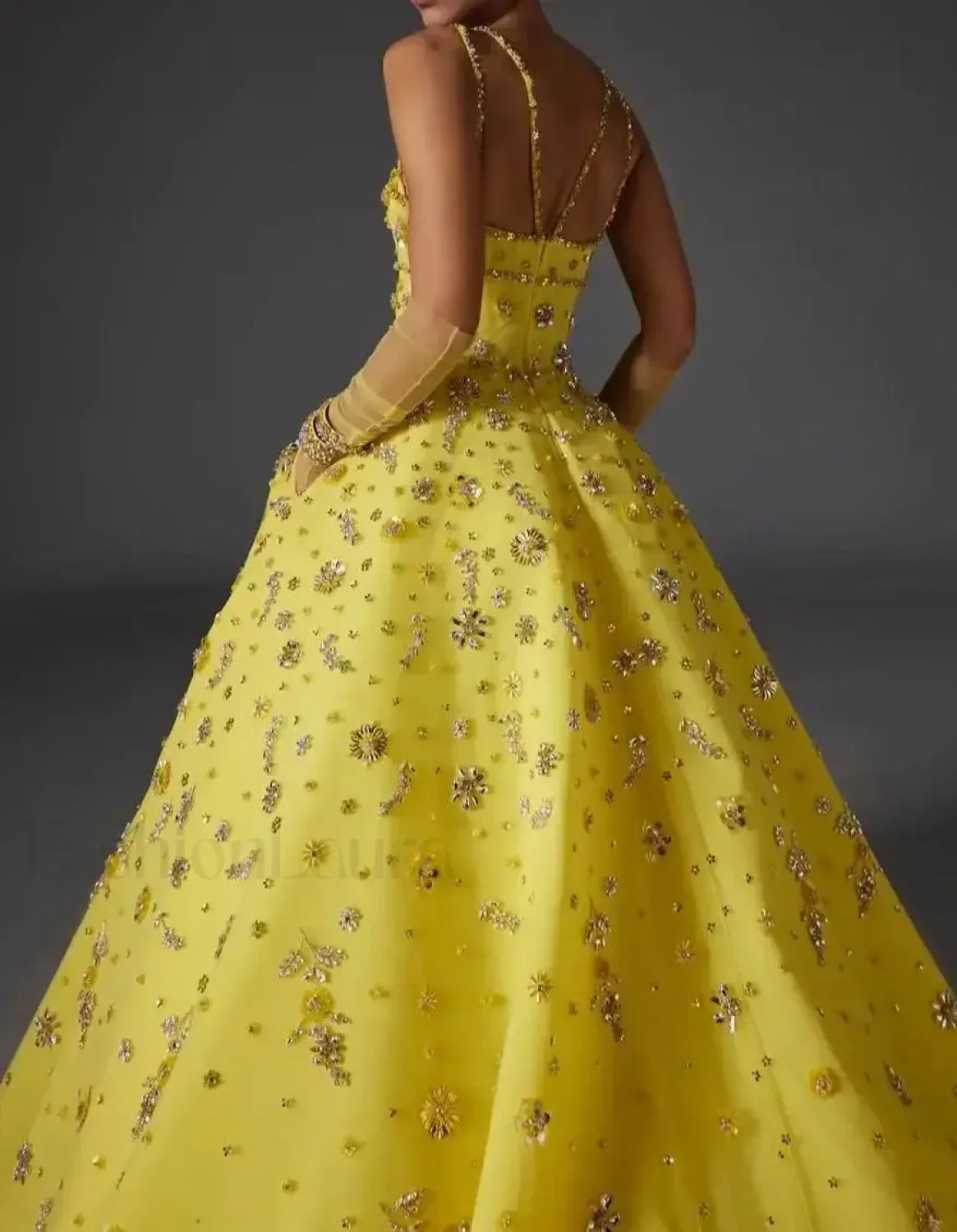 Yellow Beaded Floral Strap Maxi Dress 11
