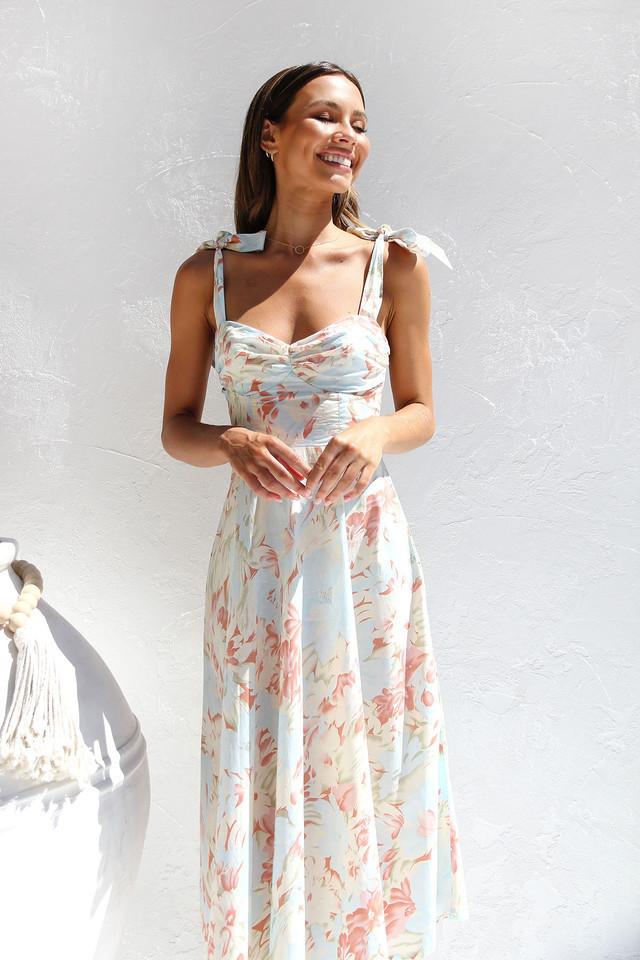 Watercolor Floral Print Bow Strap Sweetheart Fit and Flare Midi Dress 9