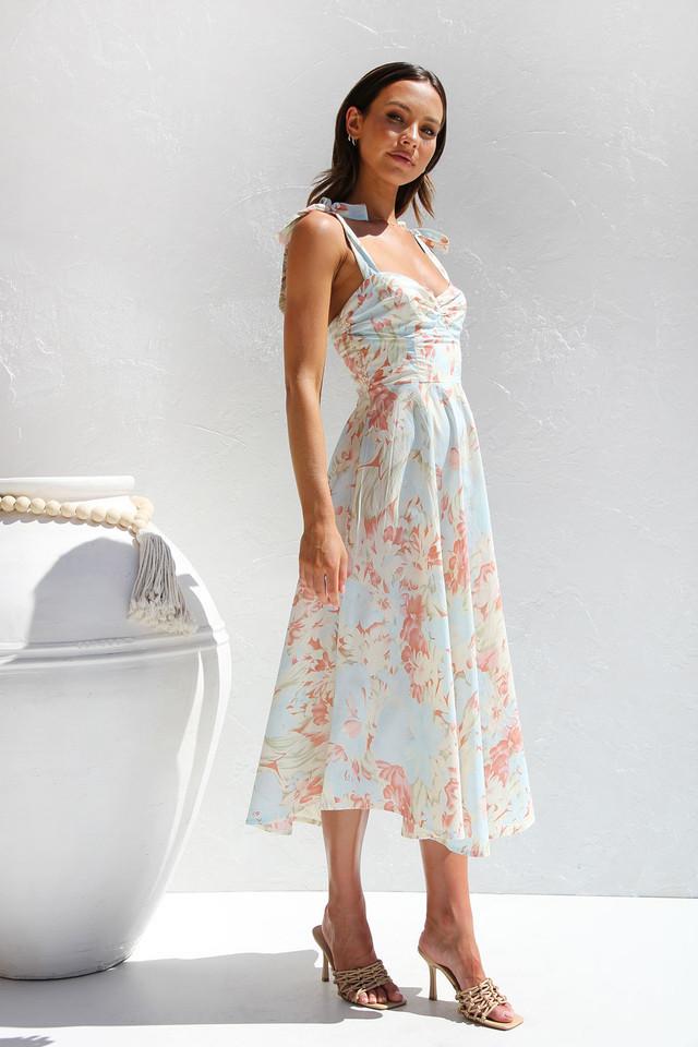 Watercolor Floral Print Bow Strap Sweetheart Fit and Flare Midi Dress 5