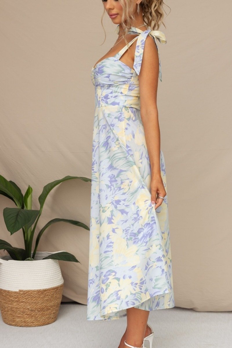 Watercolor Floral Print Bow Strap Sweetheart Fit and Flare Midi Dress 2