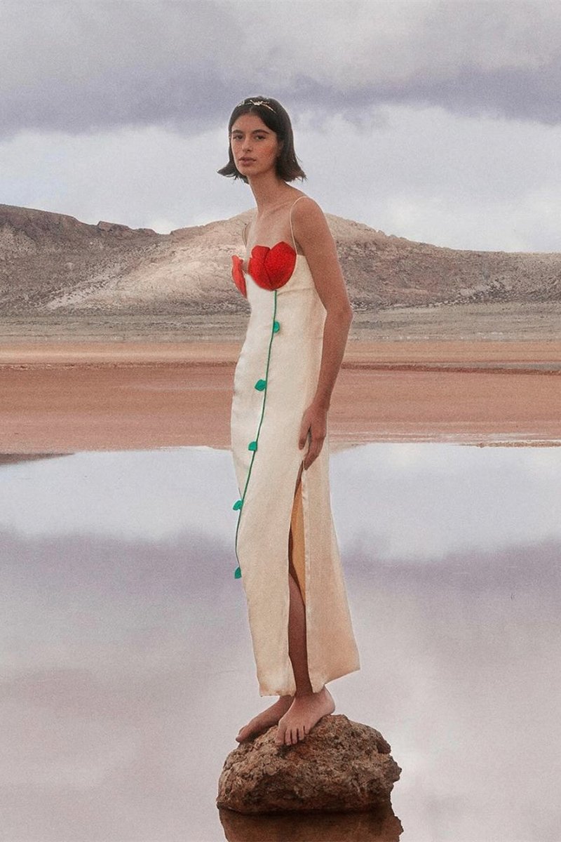 Satin Spaghetti Strap 3D Floral Appliqué Stem Detail Slip Maxi Dress 2