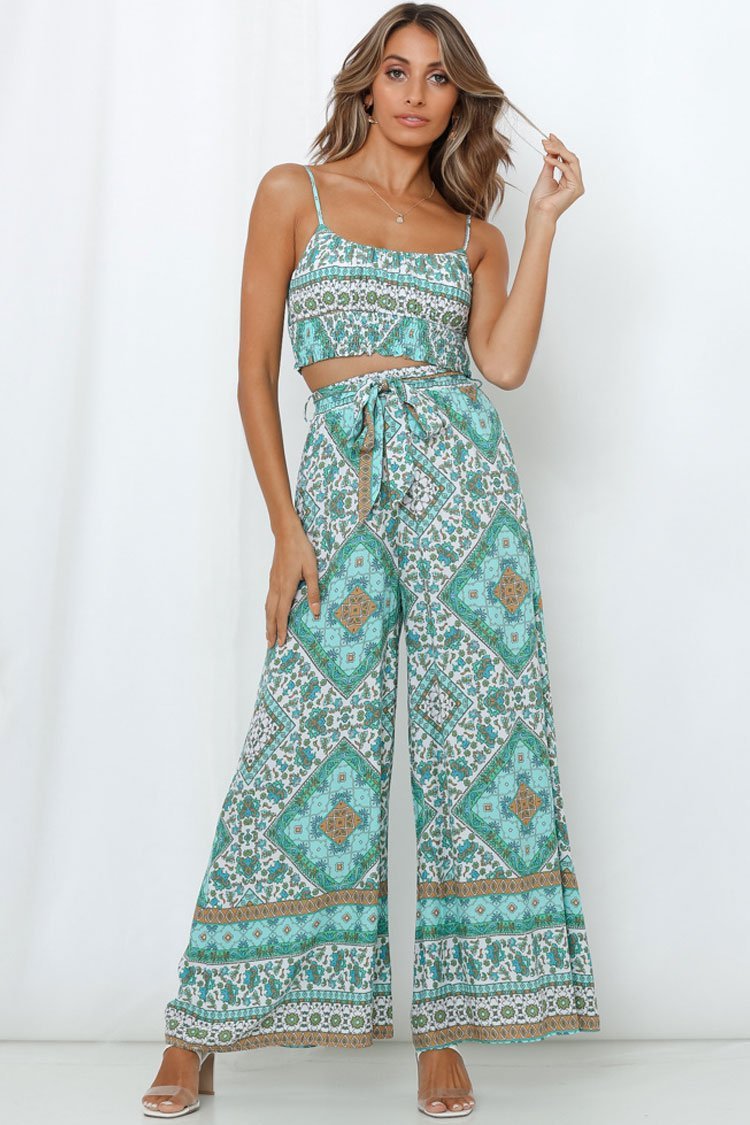 Belted Bohemian Print Crop Top with High Waist Pants