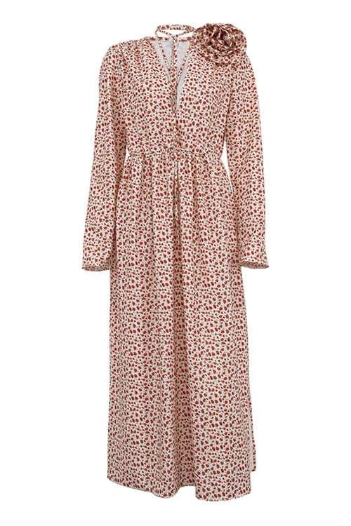 Ditsy Floral Print Deep V-Neck Rosette Shoulder Neck Tie High Slit Maxi Dress 2