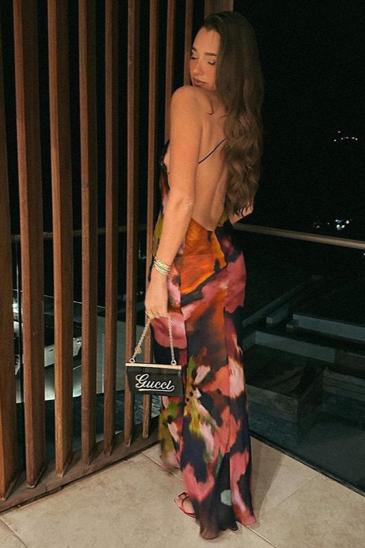 Floral Print Lace Trim Spaghetti Strap Deep V-Neck Bodycon Maxi Dress 5