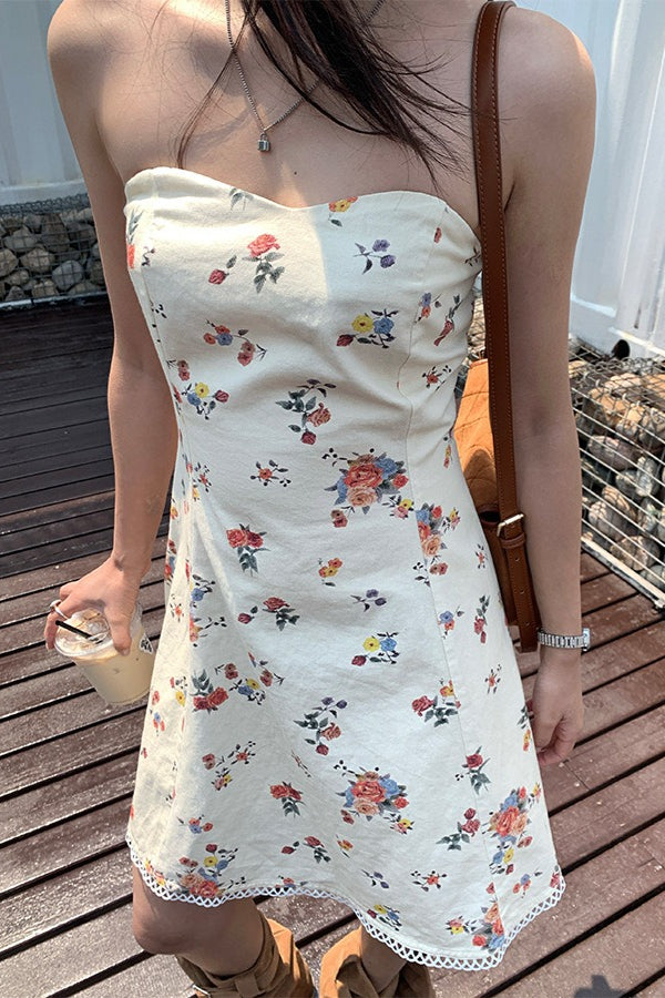 Strapless Floral Print Scalloped Lace Hem Bandeau Mini Dress