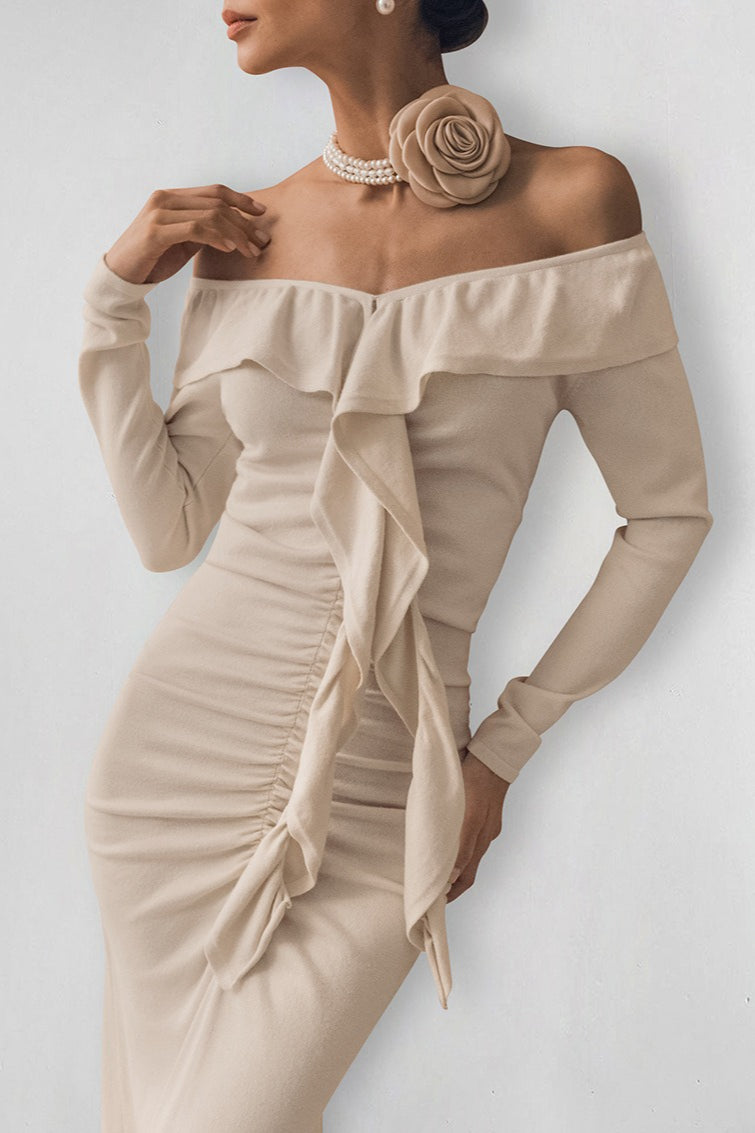 Off Shoulder Sweetheart Ruffle Flounce Long Sleeve Ruched Front Slit Midi Dress 5