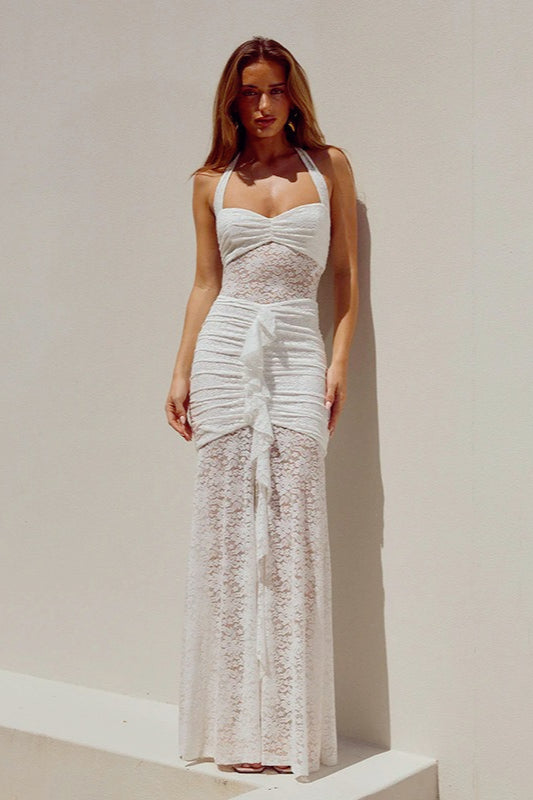 Lace Sweetheart Ruched High Slit Ruffle Trim Maxi Dress 8