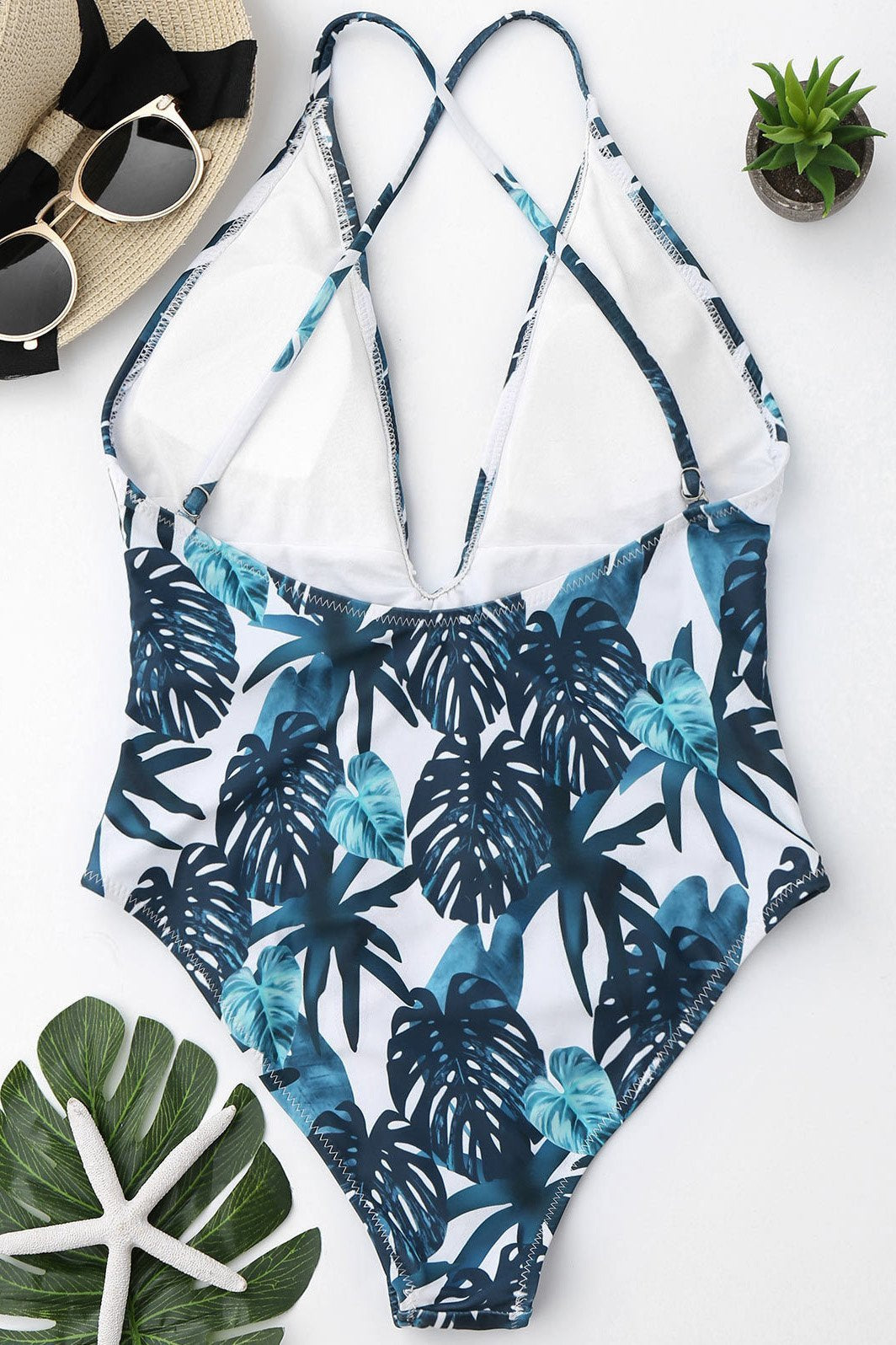 Green Tropical Palm Leaf Print Plunge V Neck Sexy One Piece Swimsuit