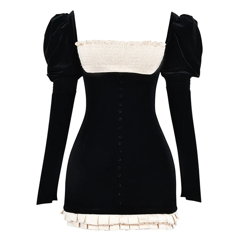 Contrast Panel Puff Shoulder Velvet Button Front Ruffle Hem Mini Dress