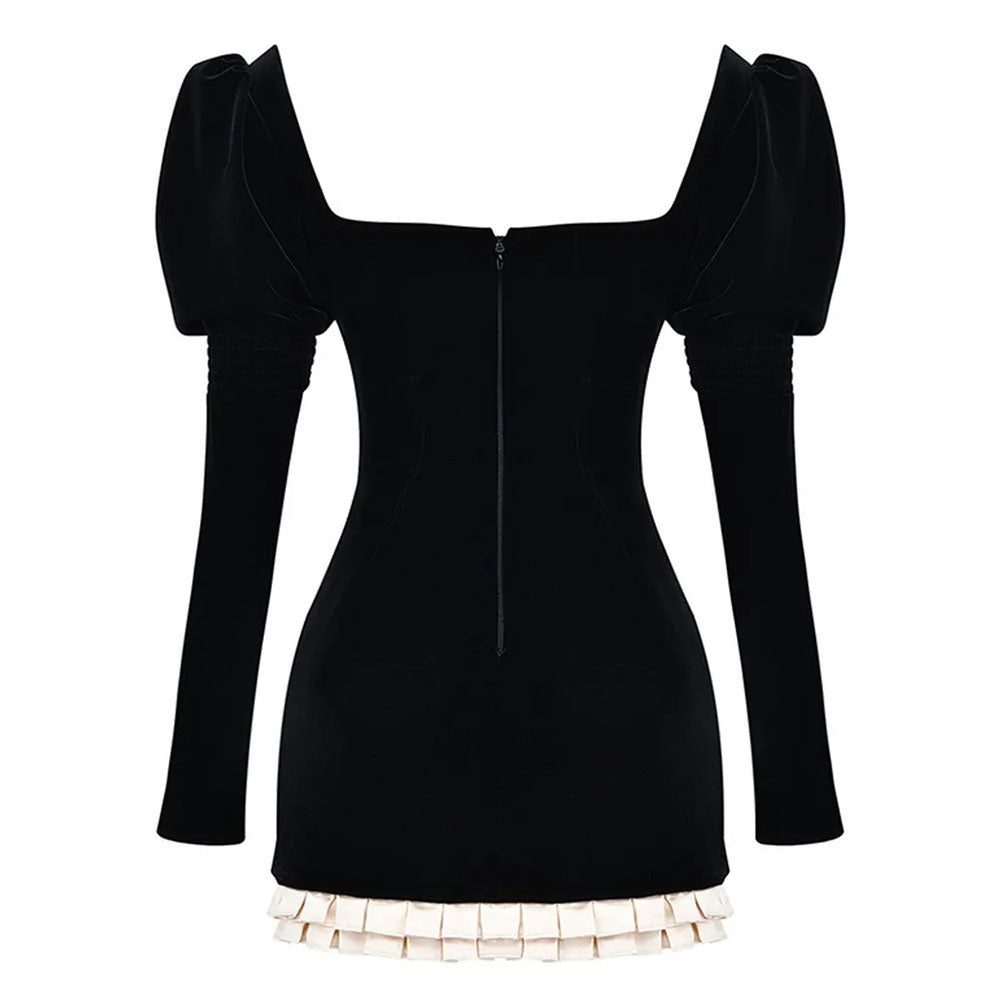 Contrast Panel Puff Shoulder Velvet Button Front Ruffle Hem Mini Dress 3