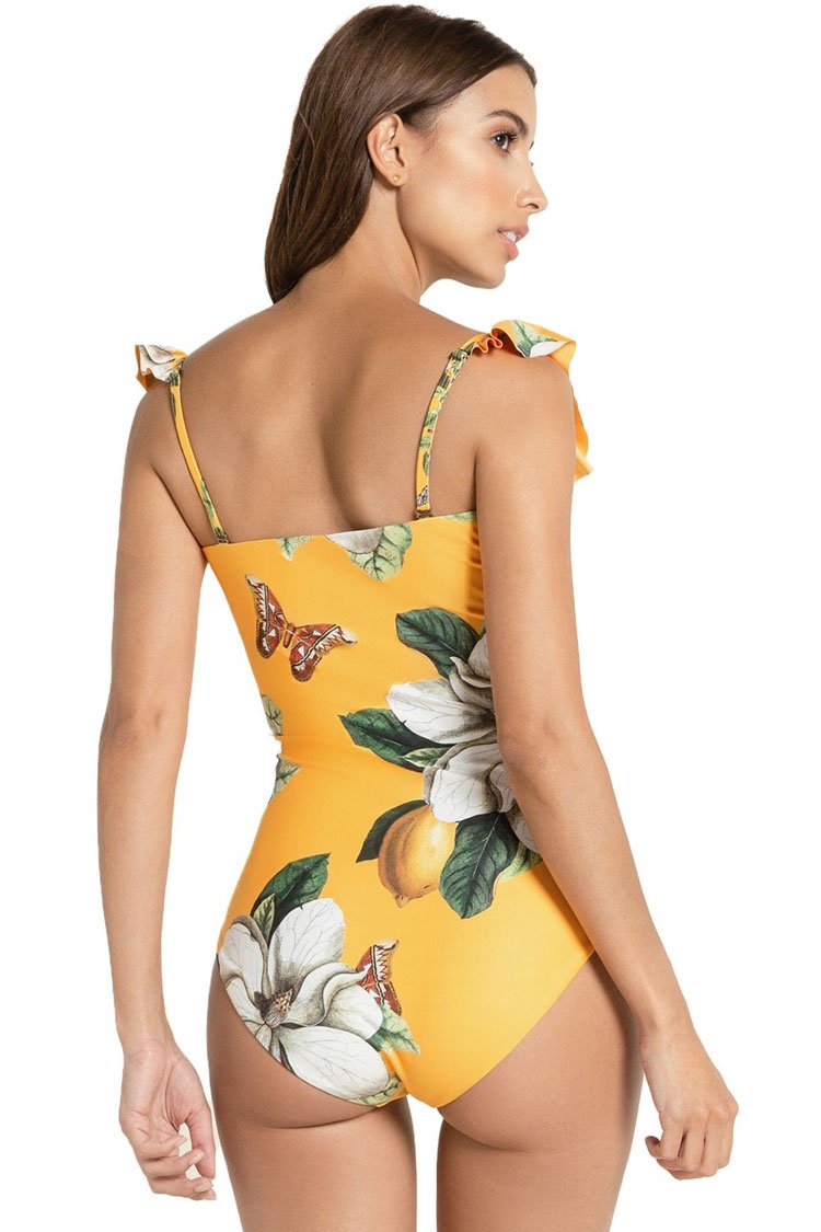 Blooming Floral Ruffle Bandeau One Piece Swimsuit