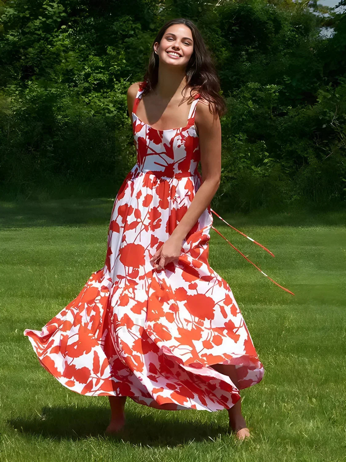 Red Blooming In Floral Print Cami Long Dress 6