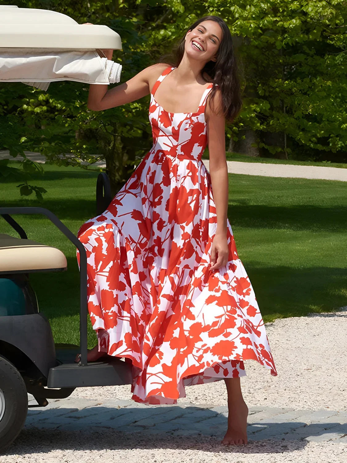 Red Blooming In Floral Print Cami Long Dress 8