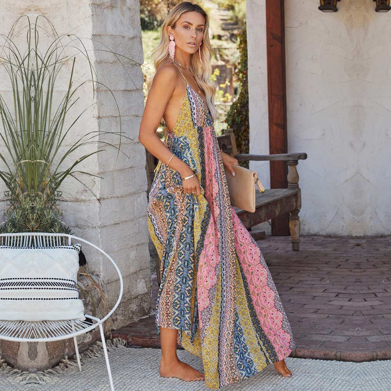 Deep V-Neck Spaghetti Strap Vertical Panel Print Boho Maxi Dress 3
