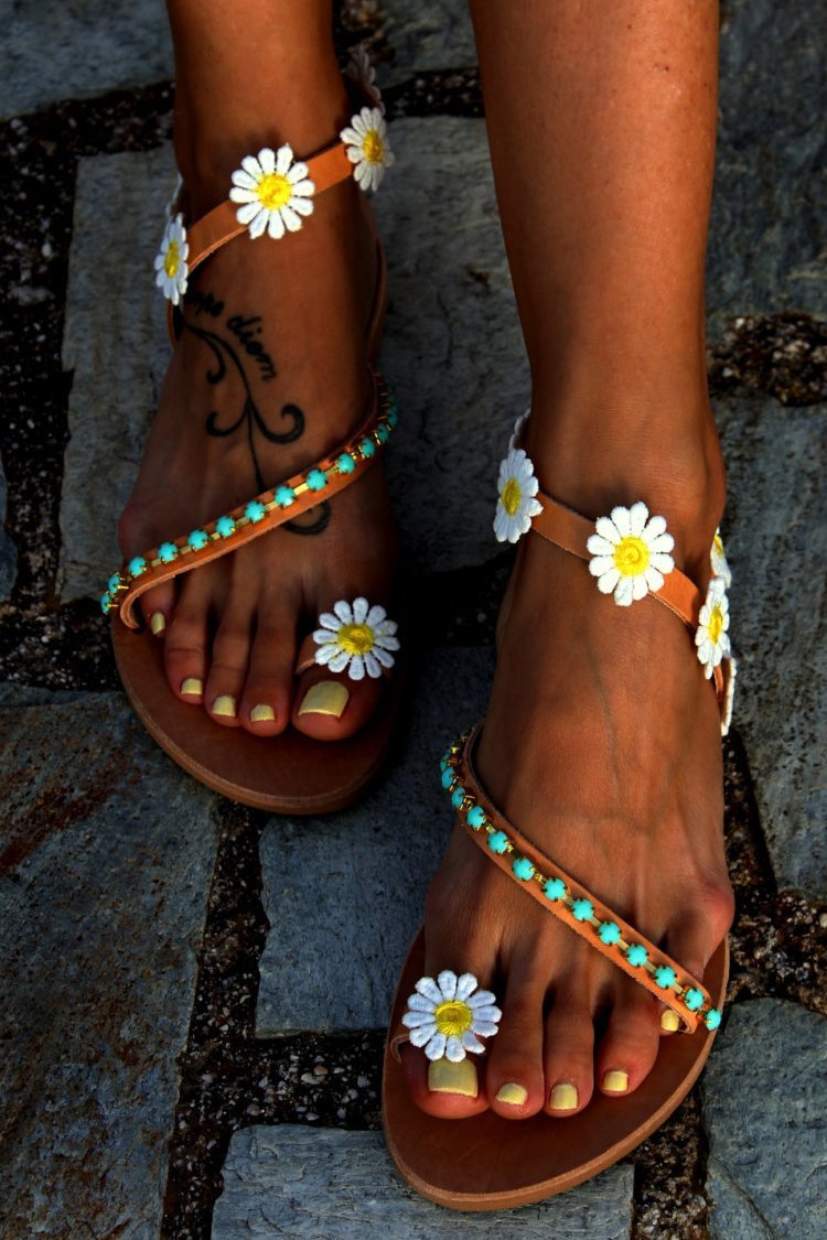 Boho Bead Daisy Embellished Flat Sandals