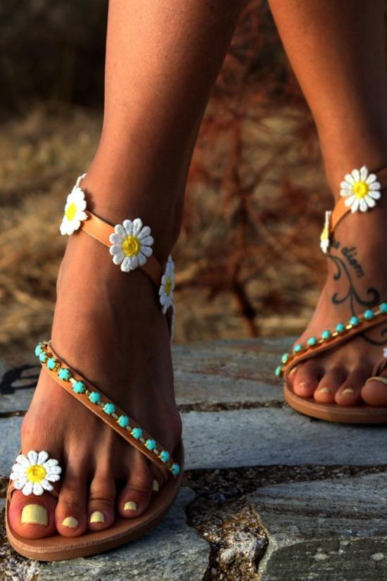 Boho Bead Daisy Embellished Flat Sandals