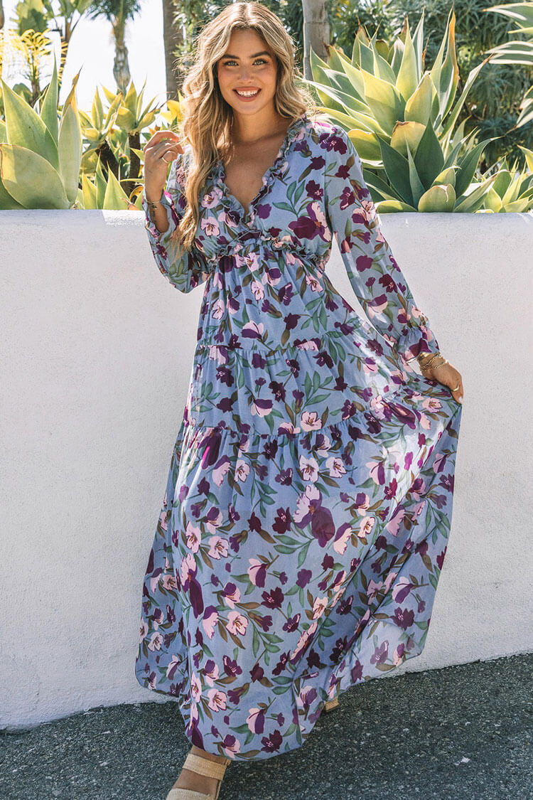 Floral Print Ruffle V Neck Long Sleeve Tiered Empire Waist Maxi Dress 2