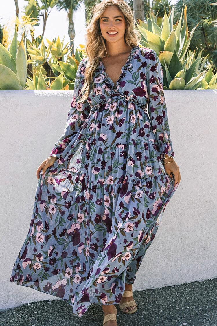 Floral Print Ruffle V Neck Long Sleeve Tiered Empire Waist Maxi Dress 3