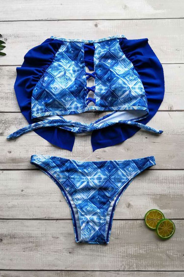 Boho Cross Strappy Ruffle High Neck Halter Bikini Swimsuit - Two Piece Set