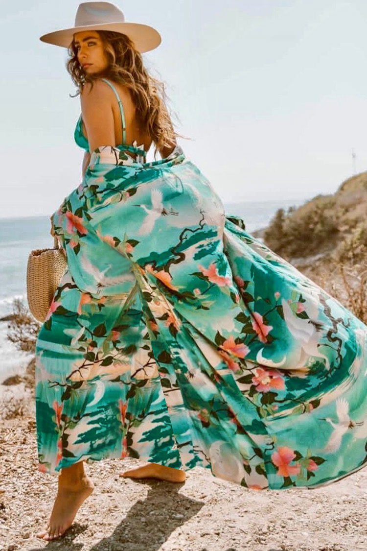 Boho Floral Belted Kimono Maxi Cover Up