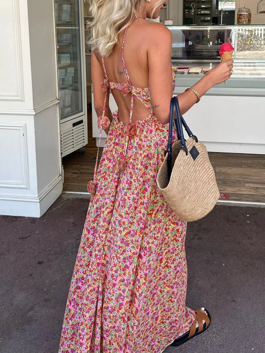 Multicolor Floral Print Rosette Decor Halter Long Dress