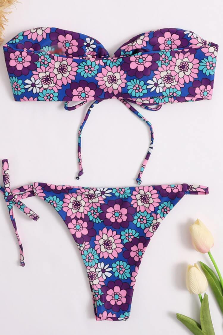 Boho Floral Tie String Cinch Bandeau Bikini Swimsuit - Two Piece Set