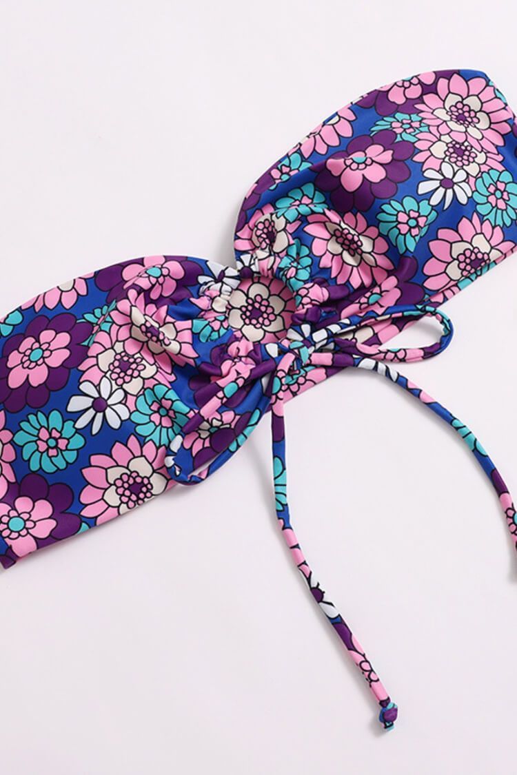 Boho Floral Tie String Cinch Bandeau Bikini Swimsuit - Two Piece Set