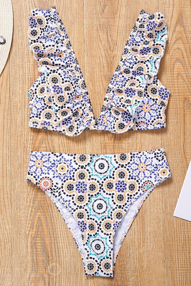Boho Print Ruffle V Neck Bikini Swimsuit - Two Piece Set