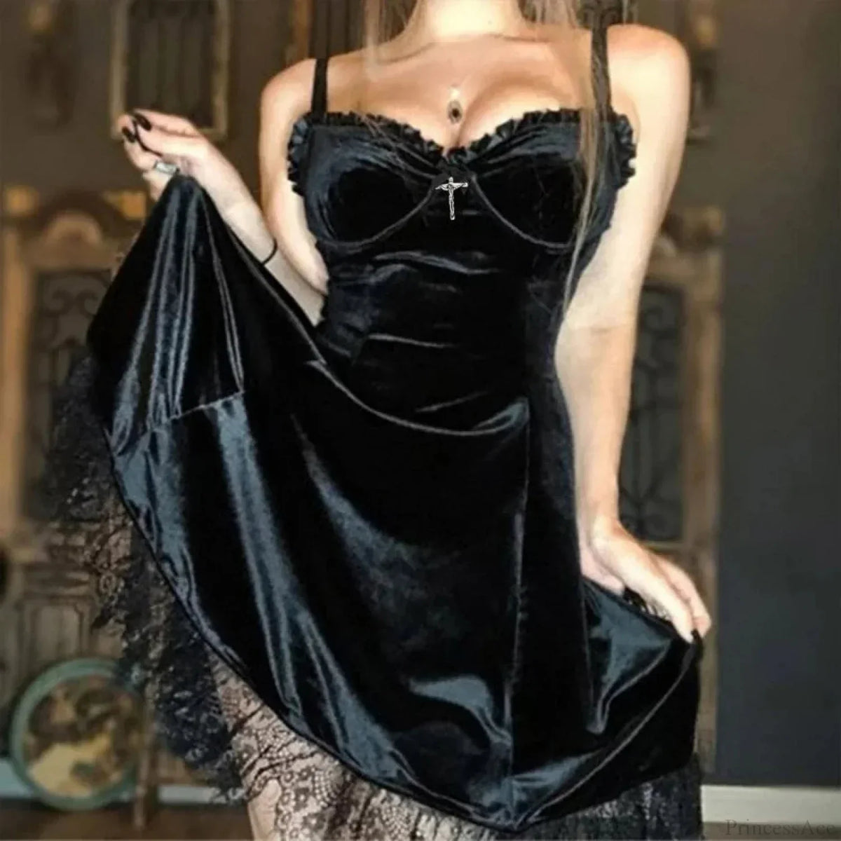 Velvet Sweetheart Cross Charm Lace Hem Bustier Mini Dress