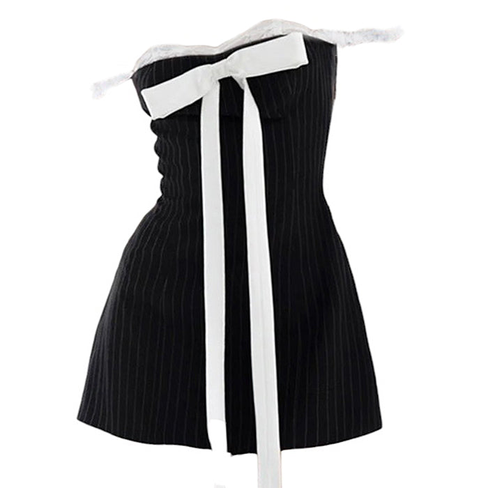 Strapless Pinstripe Lace Trim Oversized Bow Mini Dress