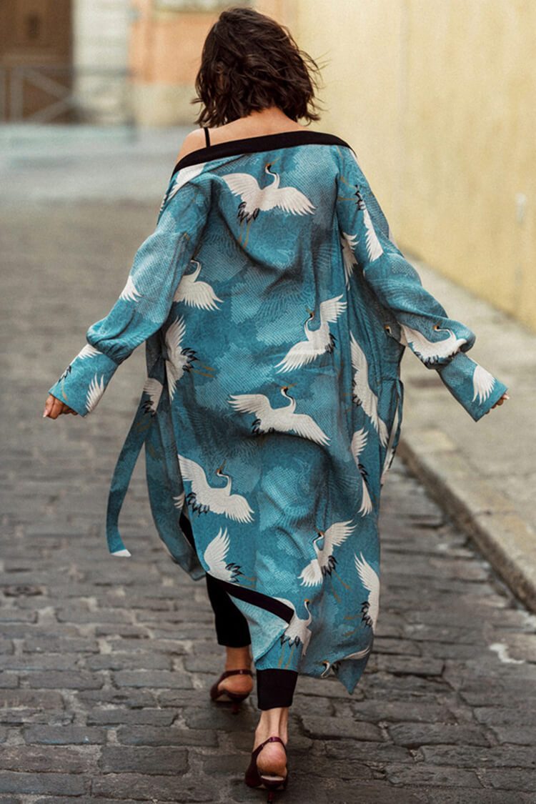 Breezy High Slit Crane Printed Belted Beach Cover Up