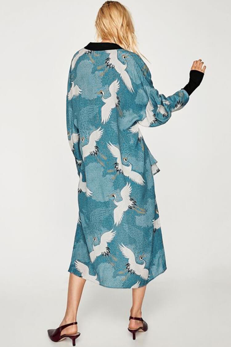 Breezy High Slit Crane Printed Belted Beach Cover Up