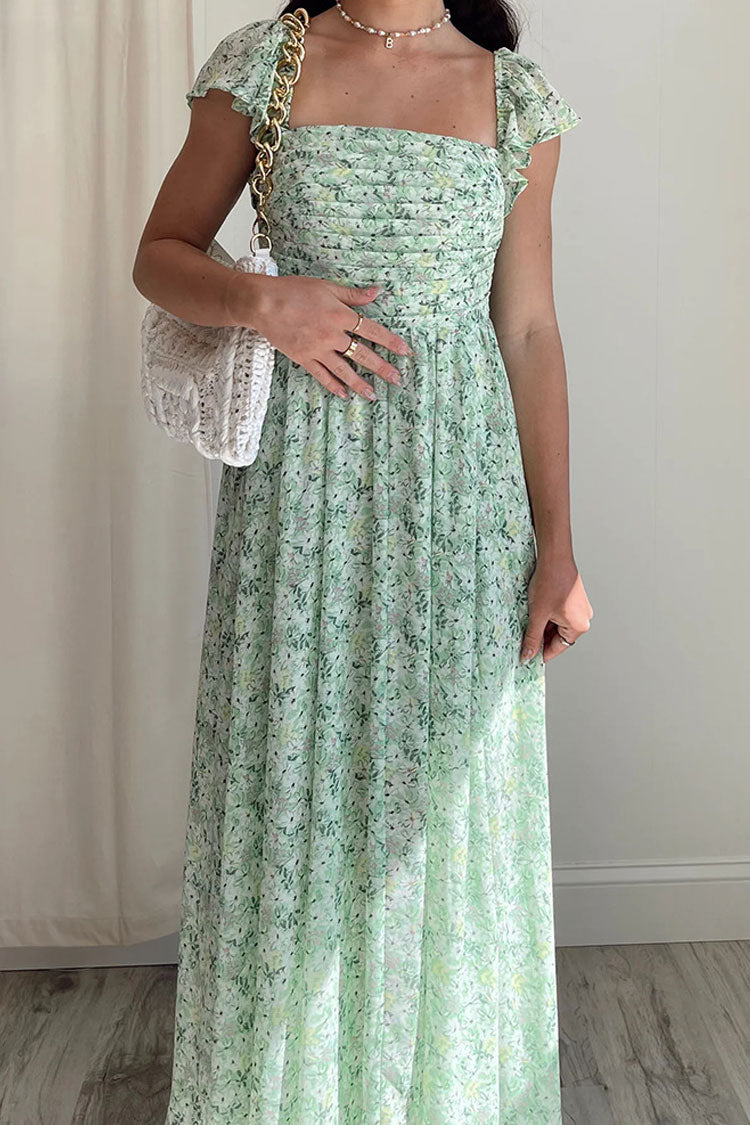 Square Neck Pleated Bust Floral Print Fit and Flare Maxi Dress