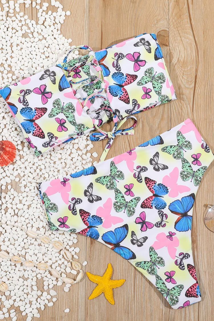 Butterfly Print High Waist Bandeau Bikini Swimsuit - Two Piece Set