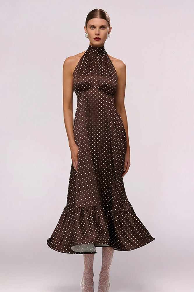 Polka Dot Satin Halter Ruffled Neck Tiered Ruffle Hem Maxi Dress 4