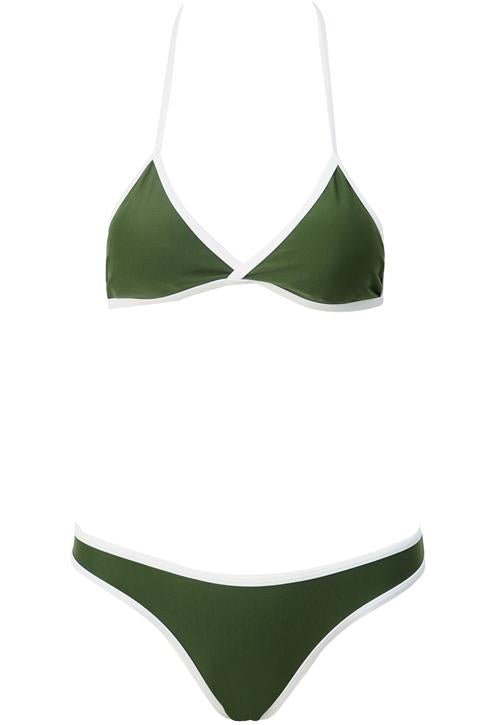 Army Green Triangle Contrast Trim High Cut Brazilian Bikini Swimsuit