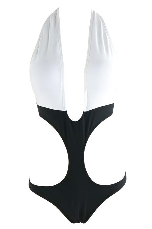 Black White Two Tone Plunge Halter Cutout Sexy Monokini Swimsuit