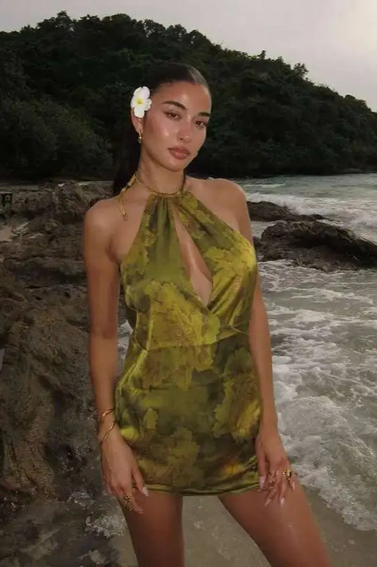 Halter Neck Keyhole Cutout Jacquard Floral Satin Mini Dress 3