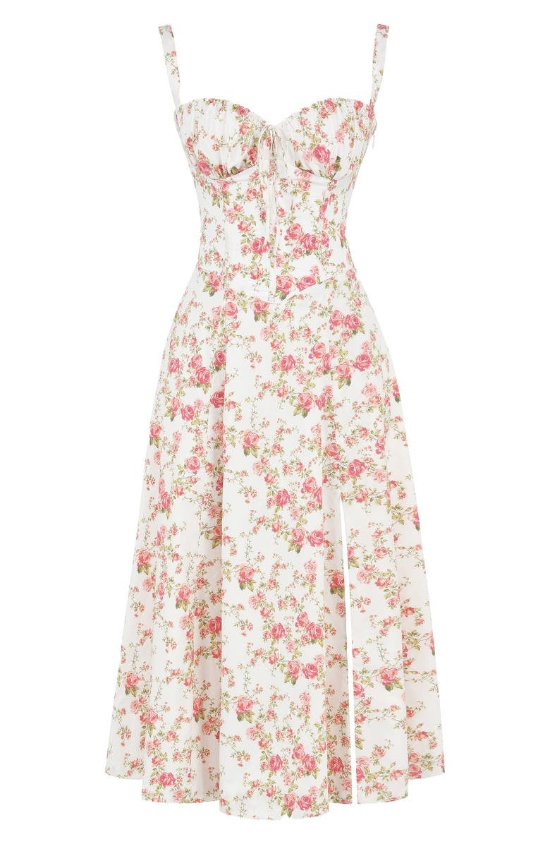 Floral Lace Up Back Spaghetti Strap Corset Fit and Flare Midi Dress 5