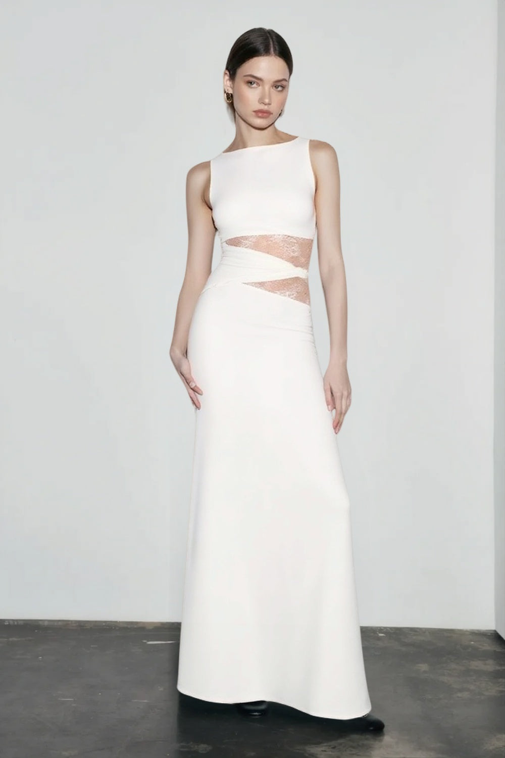 Boat Neck Criss Cross Lace Waist Cutout Column Maxi Gown 3