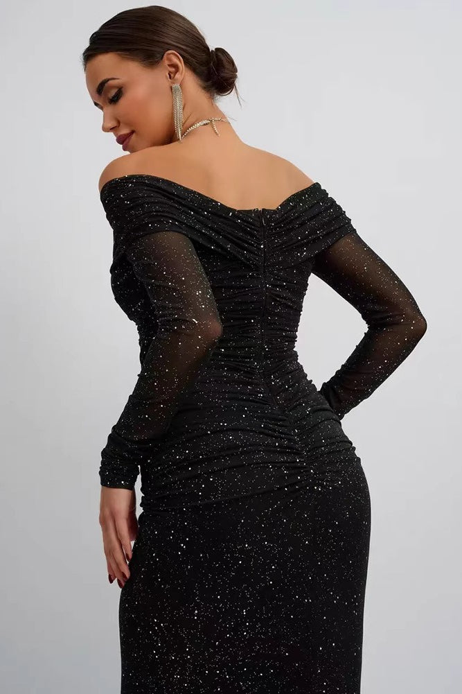 Black Strapless Mesh Long Sleeve Maxi Dress 2