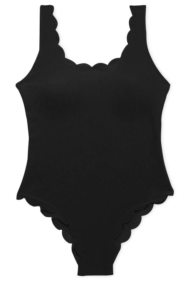 Black Scalloped Low Back Scoop Neck Cute One Piece Swimsuit