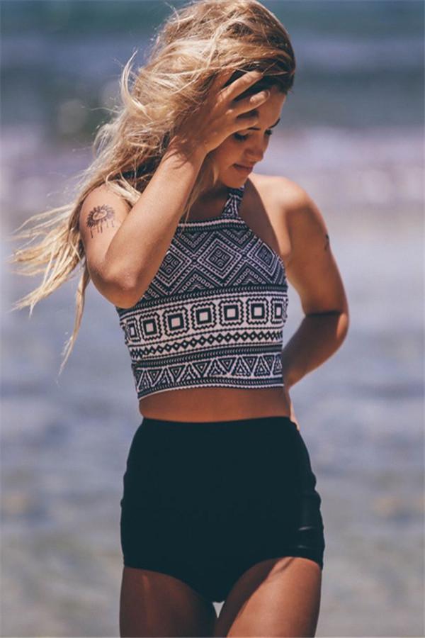 Black Tribal Print High Waisted Sexy Two Piece Swimsuit