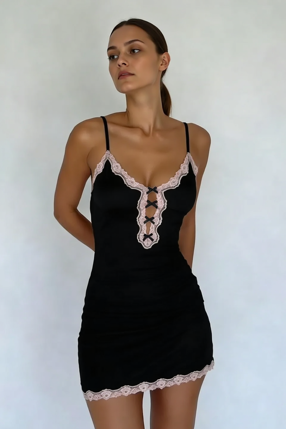 Spaghetti Strap Lace Trim Criss-Cross Tie Keyhole Bodycon Mini Dress 3